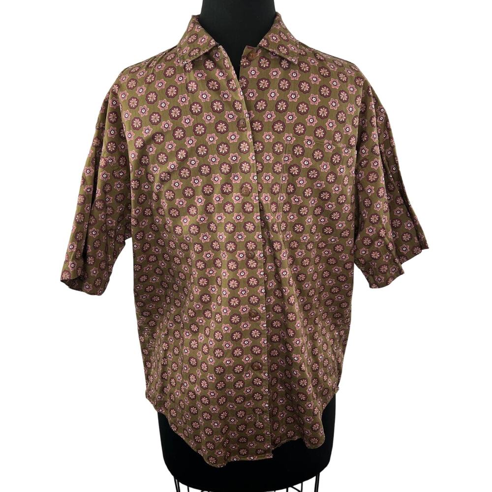 VINTAGE Aeropostale Brown Floral Print Short Sleeve Button Down Cotton Top Sz M